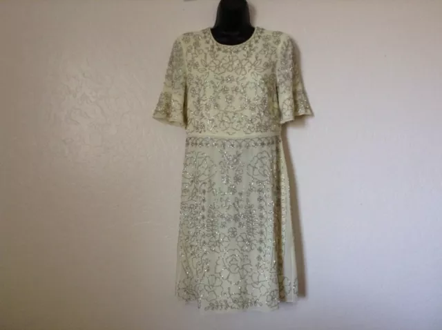 NEW Needle & Thread $329 Linear Motif Beaded Georgette Dress*Lemon*6 US