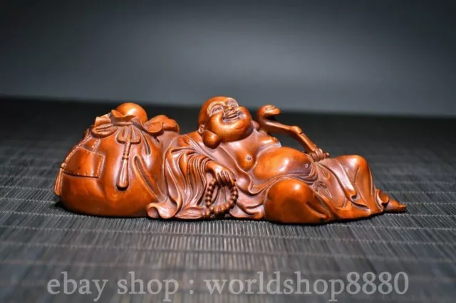 5.6" Old Chinese Boxwood Wood Hand Carved Ru Yi Maitreya Buddha Statue Sculpture