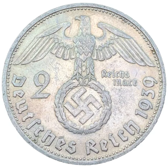 Rare Third Reich German 2 Reichsmark Hindenburg Silver Coin 2