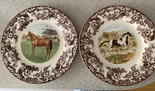 Spode Woodland Horse Set Of 2 Dinner Plates Thoroughbred & Paint Horse10.5" Wide