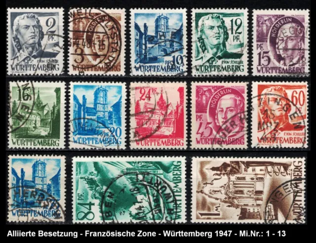 All. Besetzung (FZ) Württemberg 1947 - Briefmarken Mi. 1-13 ☉