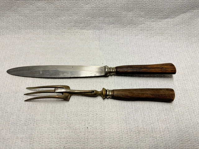 Ensemble découpe viande vintage couteau + fourchette fourreau en bois sculpté - Arts de la table