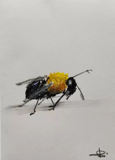 Bumble Bee Original Oil Pastel Drawing 12X8" VIVEK MANDALIA Collectible Signed