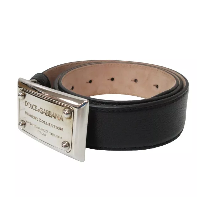 Dolce Gabbana Leather Belt Dg Logo Plate Buckle Silver Hardware Black 80Cm 32 In