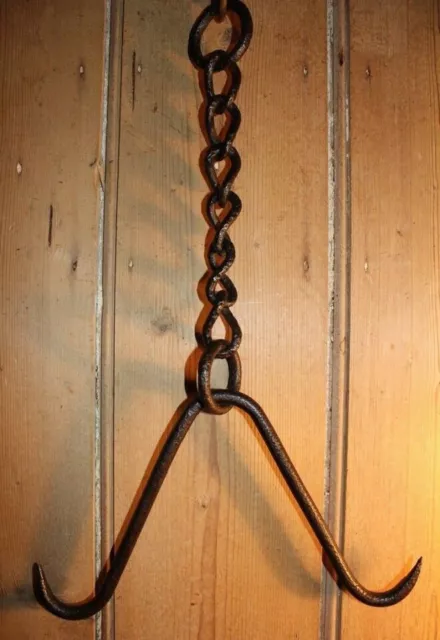 Antique Wrought Iron Gambrel/Butchers/Game Hook with Chain Meat/Beam/Hanging 3