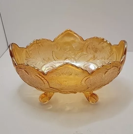 Vintage Indiana Marigold Footed Carnival Glass Oval Bowl Compote flawless