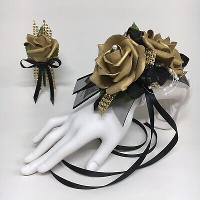 Glamour Double Navy Blue Foam Roses with Silver Trim  Corsage Combo 