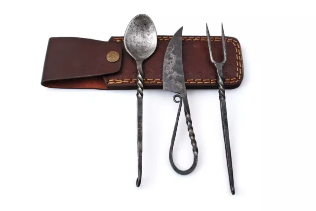 Ancient Medieval Cutlery set with leather bag Medieval Spoon Knife folk set