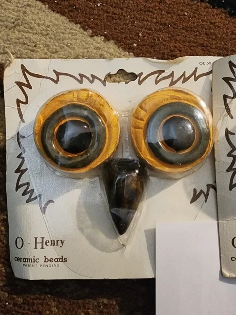 Owl Eyes And Beak O'Henry Vintage Ceramic Beads  For Crafting 70s Cool brown NIP
