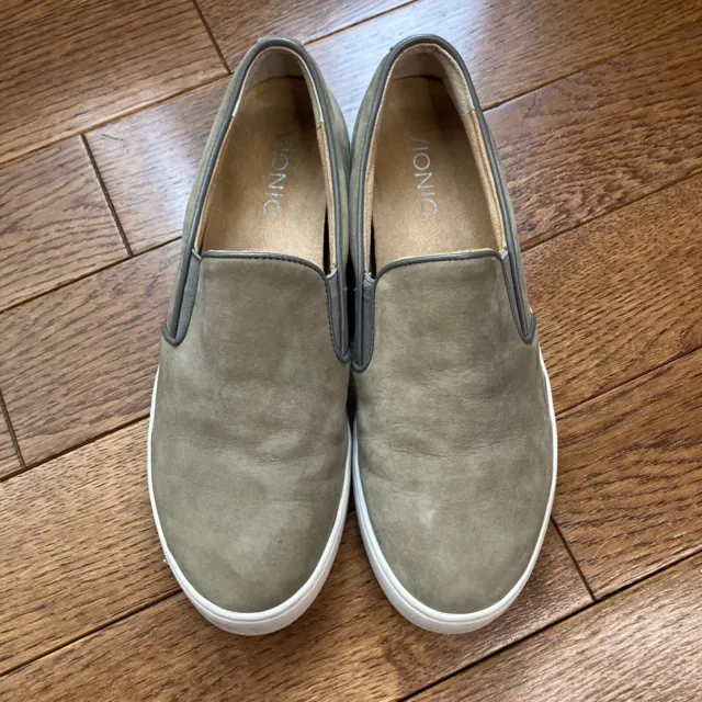 Vionic Splendid Midi Slip Ons Womens 7.5 Suede Leather Taupe Casual Shoe TVW4810