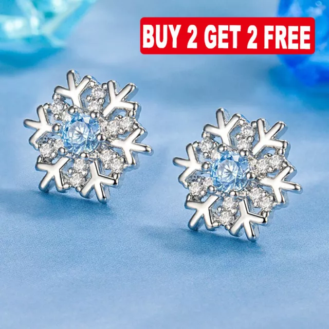 Christmas Crystal Snowflake Stud Earrings 925 Sterling Silver Womens Jewellery