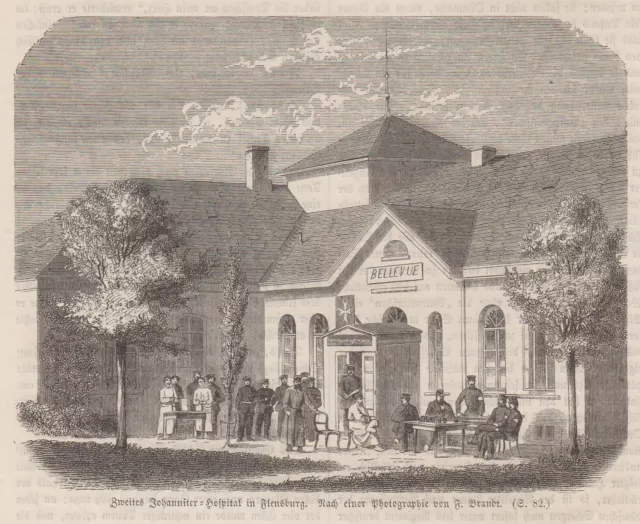 Flensburg Segundo Johanniter Hospital Original Grabado en Madera 1865
