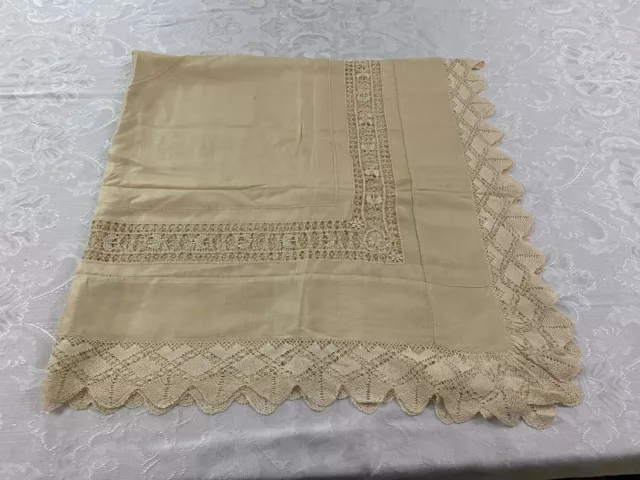 Antique Handmade Stitched Ecru Tablecloth Drawn Thread Work on Silk Lace Trim