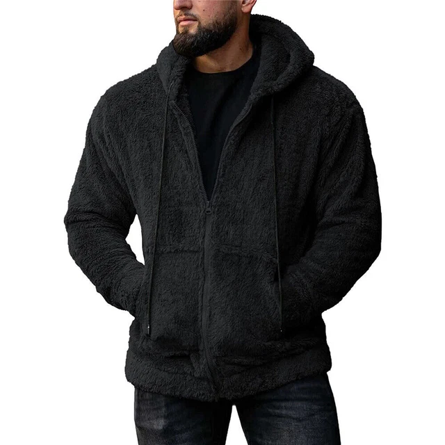 Mens Fleece Fur Warm Jacket Coat Zip Up Hooded Hoodie Winter Casual Outwear Top