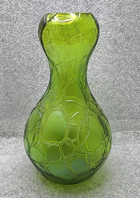 Antique Kralik Bohemian Glass Rough Crackle Green 6" Vase Loetz