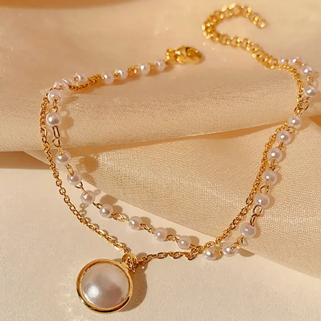 18K Yellow Gold Filled 2-Layer Beaded Pearl Chain Bracelet Jewelry for Womens