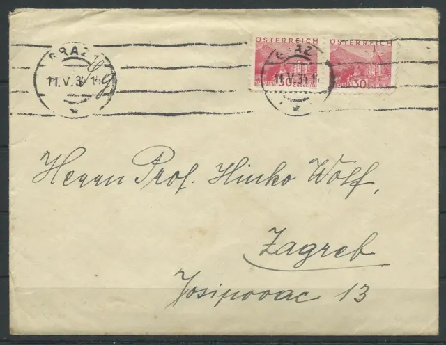 Österreich Nr. 537 waager. Paar auf Brief Graz - Zagreb, 1934 #1059450