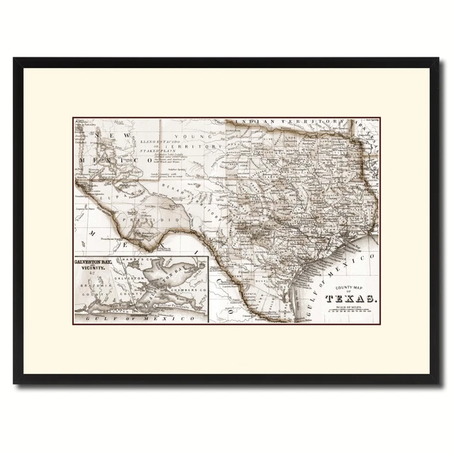 Texas Vintage Sepia Map Canvas Print With Picture Frame Gifts Home Decor Wall