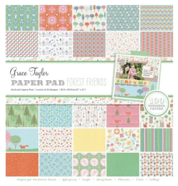 Grace Taylor Forest Friends 12" x 12" Full Paper Pad 100 Designer Papers Crafts