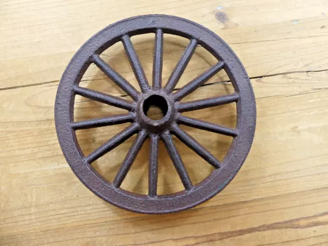 1 Small Cast Iron Wagon Wheel 6 3/4" Wide Table Cart Wheels Spoke Rustic Metal