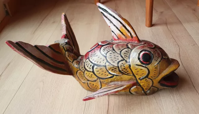 Grand Poisson En Bois Polychrome Peint À La Main, Artisanat Mexicain.