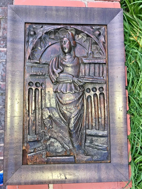 Antique Gothic Panel 1560-80 French St. Barbara, Oak Wood Carving, nicely framed