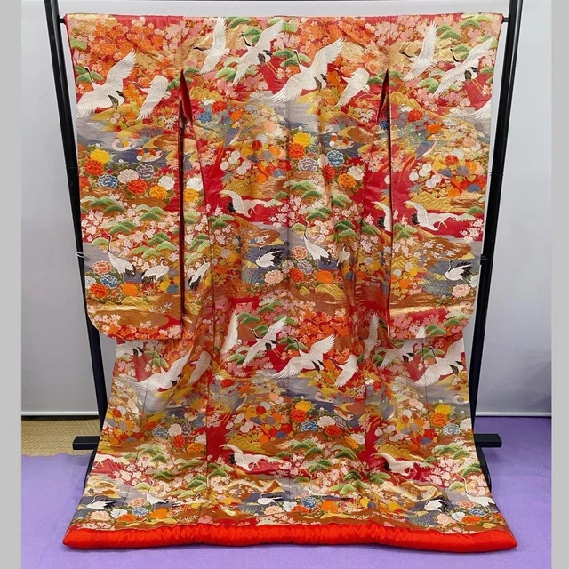 Japanese Kimono Uchikake Luxury Colored Crane Pink Gold Wedding Pure Silk