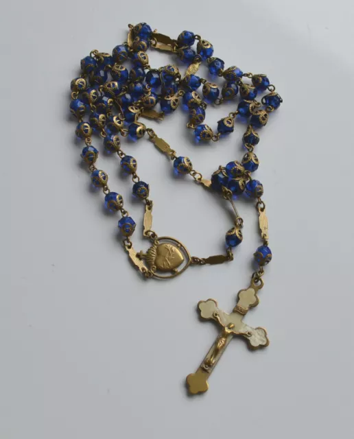 Antique Cobalt Blue Glass Crystal & Brass Sacred Heart Catholic Rosary