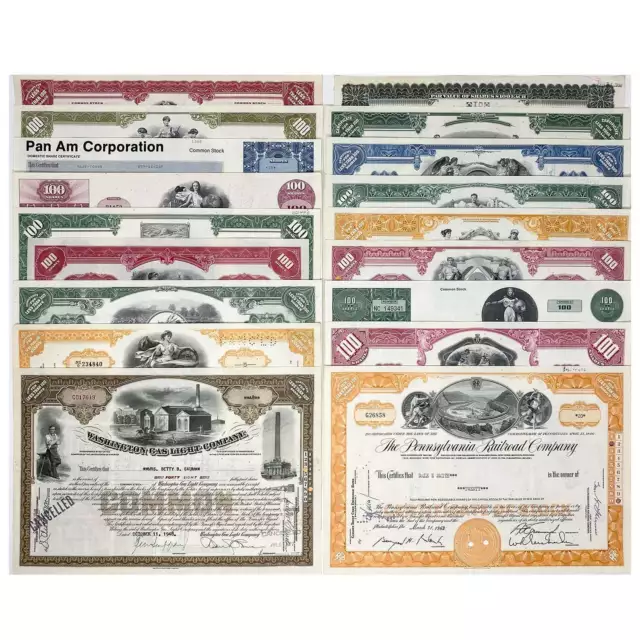 Advanced Collection of 18 Stock Certificates: Great American Corporations (1920'