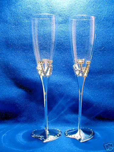 Wedding/Bridal Toasting Champagne Flutes - LOVE with Diamante Heart Bases..