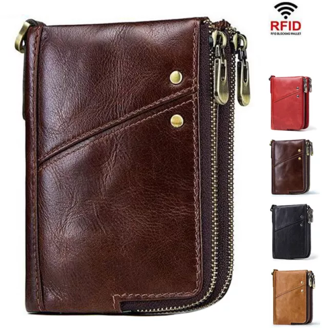 Mens Genuine Leather Cowhide Wallet Bifold Credit Card Holder RFID Zipper Purse