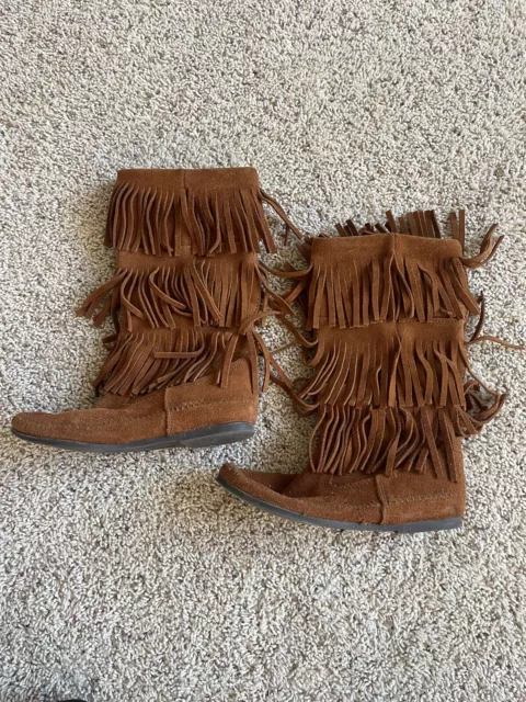 MINNETONKA MOCCASINS 3 Layer Fringe Mid Calf Boots Size 7 Brown Suede ...