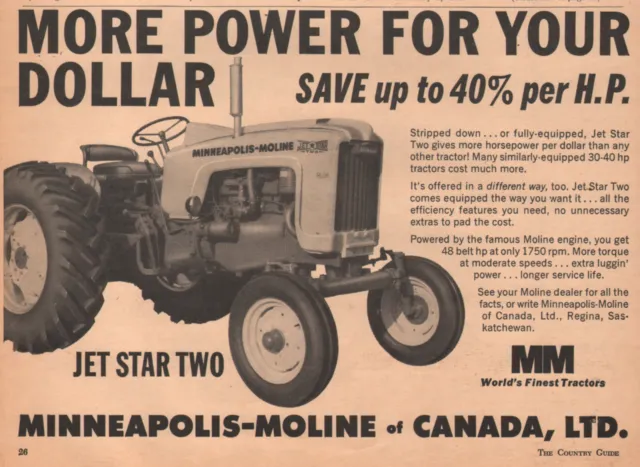 1963 Canadian Minneapolis-Moline print ad Jet Star Two Tractor