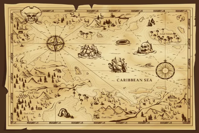 Caribbean Sea Old Pirate Map Wall Canvas Home Decor Australian Made Quality 3