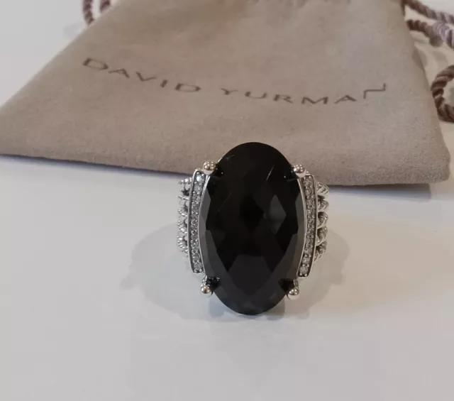 David Yurman Sterling Silver Oval 16x26mm Black Onyx & Diamond Ring Size 9.25