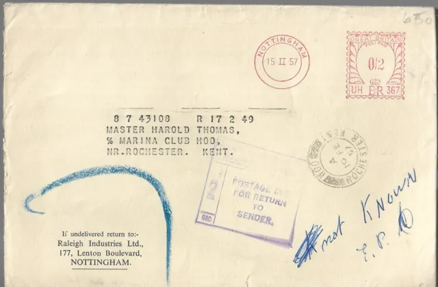 2d POSTAGE DUE BOXED CACHET ON 1957 TYPED COVER FROM NOTTINGHAM REF 1443