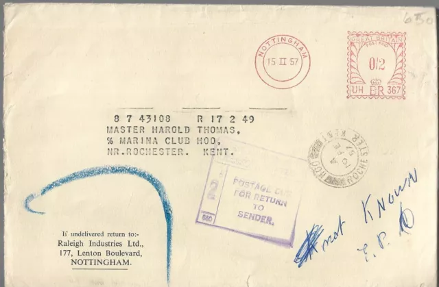 2d POSTAGE DUE BOXED CACHET ON 1957 TYPED COVER FROM NOTTINGHAM REF 1443