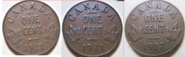 Lot of Canada Small Cents 3 Semi Key Coins 1921, 1927, 1931 George GV Penny Set