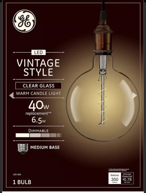 NEW Large 8" GE Vintage Style Clear Glass Warm Candle Light Bulb 40W LED G63.