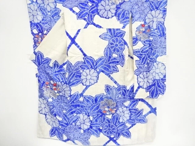 98430# JAPANESE KIMONO / FURISODE / SHIBORI / EMBROIDERY / KIKU WITH SEIGAIHA &a