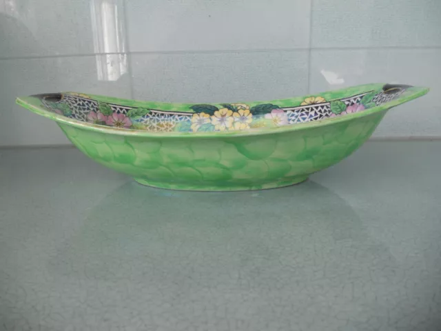 Antique / Vintage Maling Lustre Ware Green Long Oval Bowl / Dish With Primulas 2