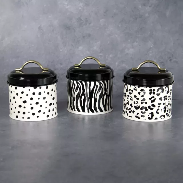 Set of 3 Black & White Animal Print Storage Canisters Tea Coffee Sugar Jars Tins