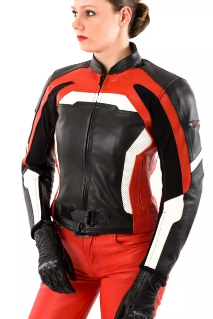 "NUOVO" giacca da donna moto in pelle bovina giacca da biker con protezioni taglia XL