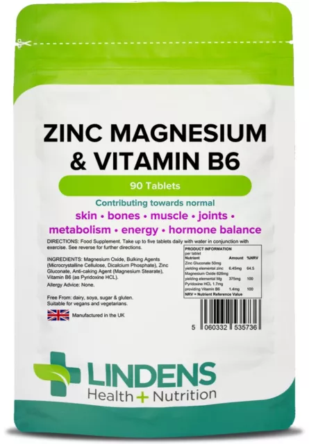 Zink, Magnesium & Vitamin B6 90 Tabletten Haut Knochen Gelenke Stoffwechsellinden