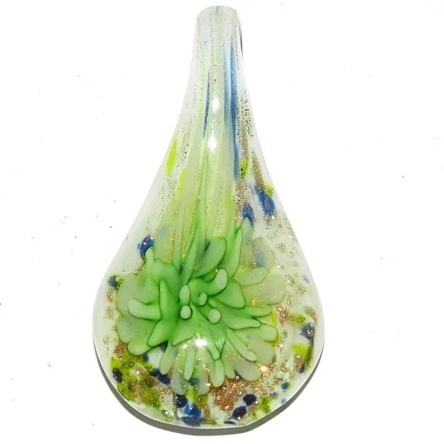 P2449 Green Flower with Gold Sparkles 54mm Lampwork Glass Spoon Drop Pendant