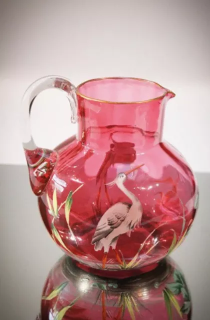 Moser PITCHER Late 19th Century Cranberry Craquelle Enameled Crane  5 3/4”H