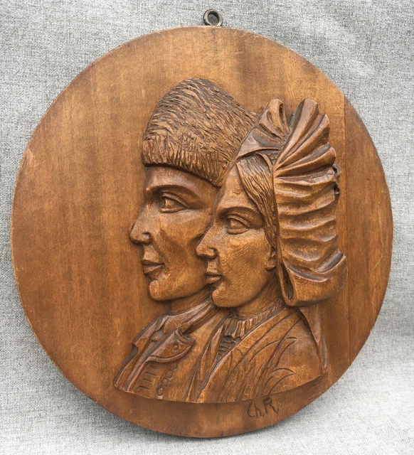 Antique french Alsacian low relief sculpture Mid-1900's woodwork carving signed