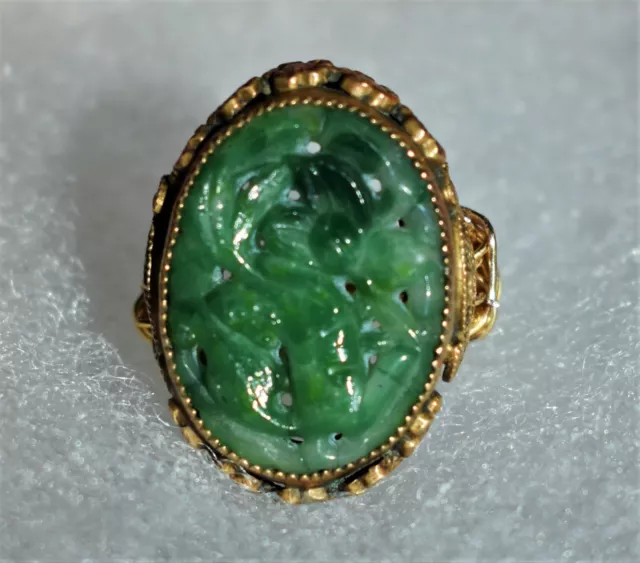 Carved Green Jade Ring Natural Jade Antique Gold Filled