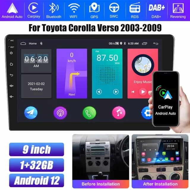 Radio estéreo GPS navegación WiFi para automóvil Toyota Corolla Verso 2003-2009 9" Android 12