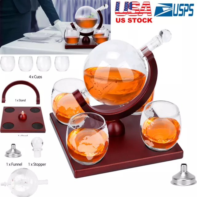 1000ML Whiskey Decanter Globe Set with 4 Etched Globe Whisky Glasses For Liquor